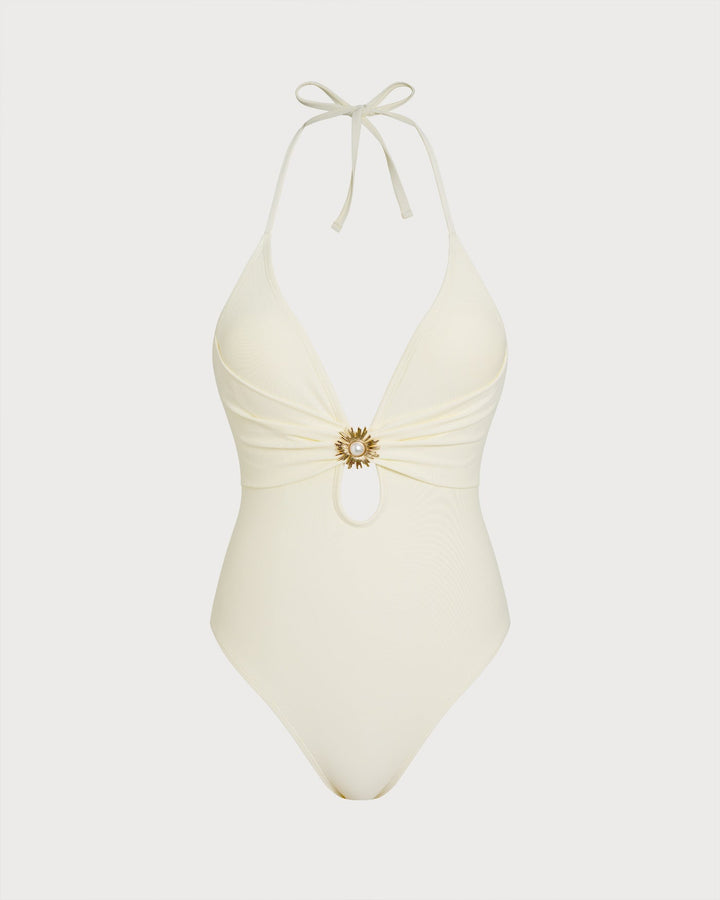 Maillot de bain une pièce à bretelles halter blanc cassé