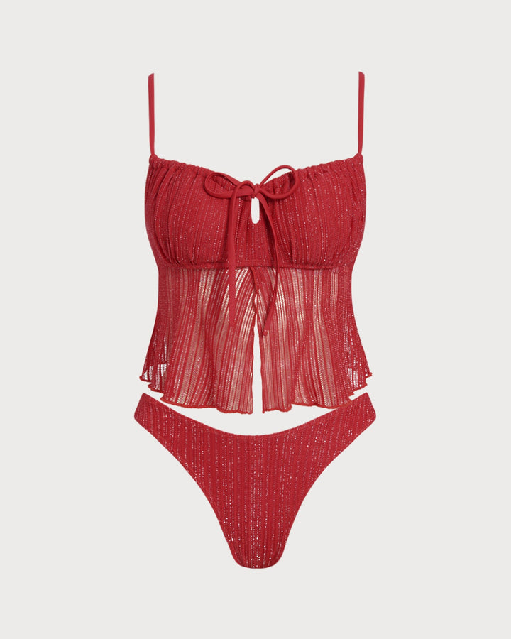 Ensemble de Tankini à Sequins Rouge à Col Carré