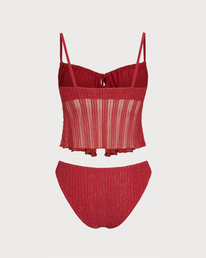 Ensemble de Tankini à Sequins Rouge à Col Carré