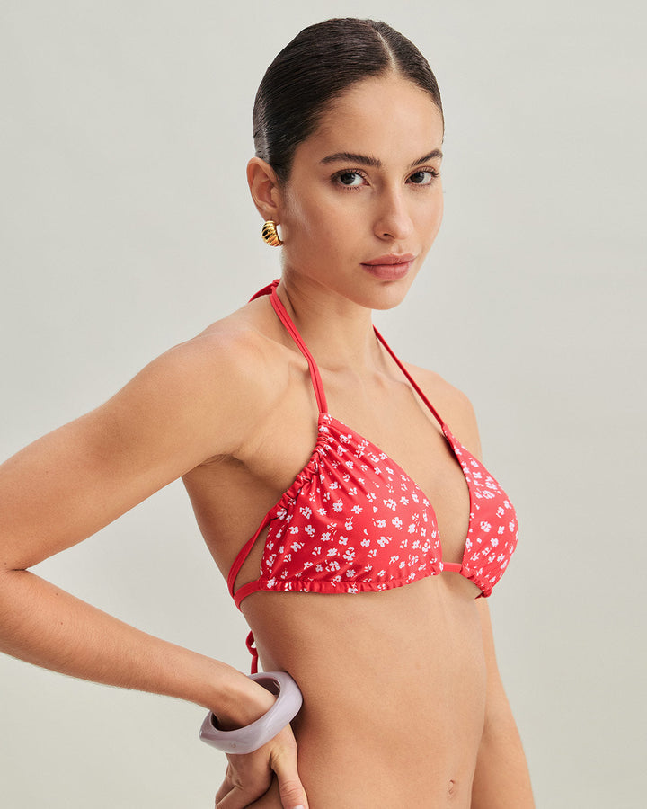 Ensemble de Bikini Triangle à Cordon Floral Rouge