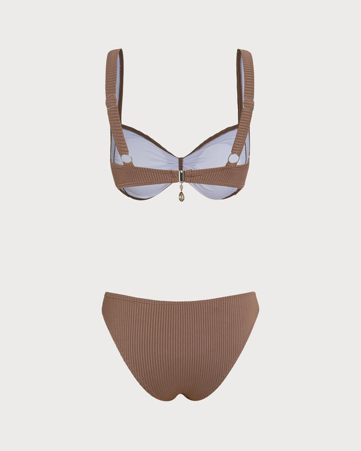 Ensemble de bikini triangle rayé marron