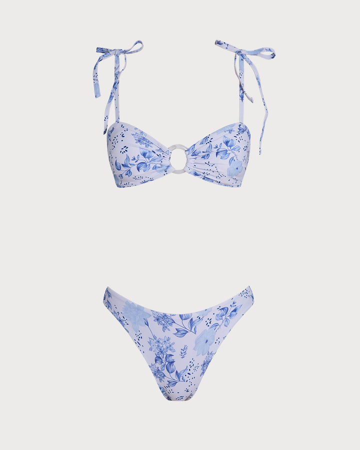 Ensemble de Bikini Triangle à Bretelles Fleuries Blanches