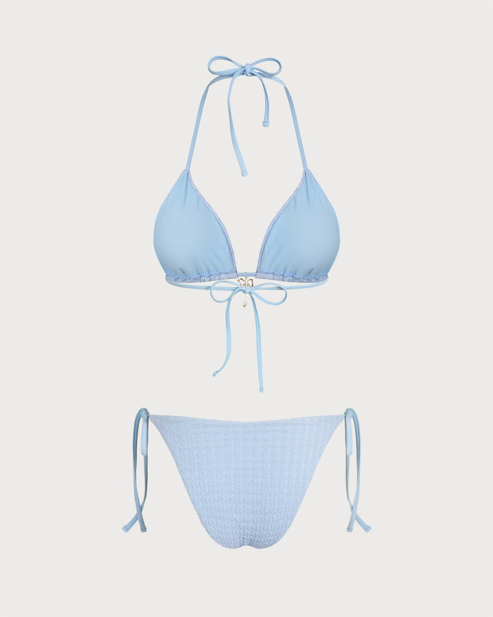 Ensemble de Bikini Triangle à Dos Nu avec Cordon de Serrage Bleu