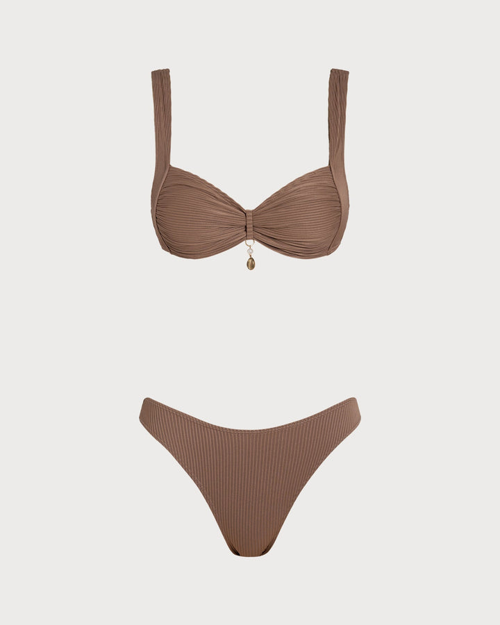 Ensemble de bikini triangle rayé marron