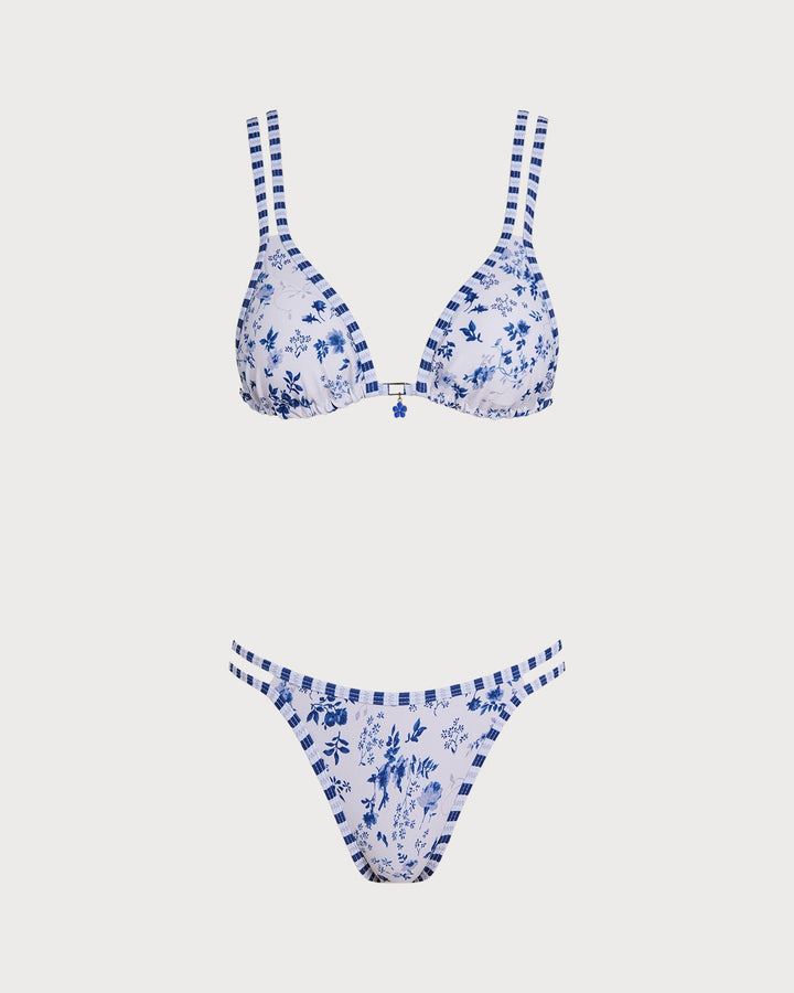 Ensemble de Bikini Triangle à Cordon Floral Blanc
