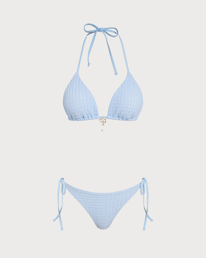 Ensemble de Bikini Triangle à Dos Nu avec Cordon de Serrage Bleu