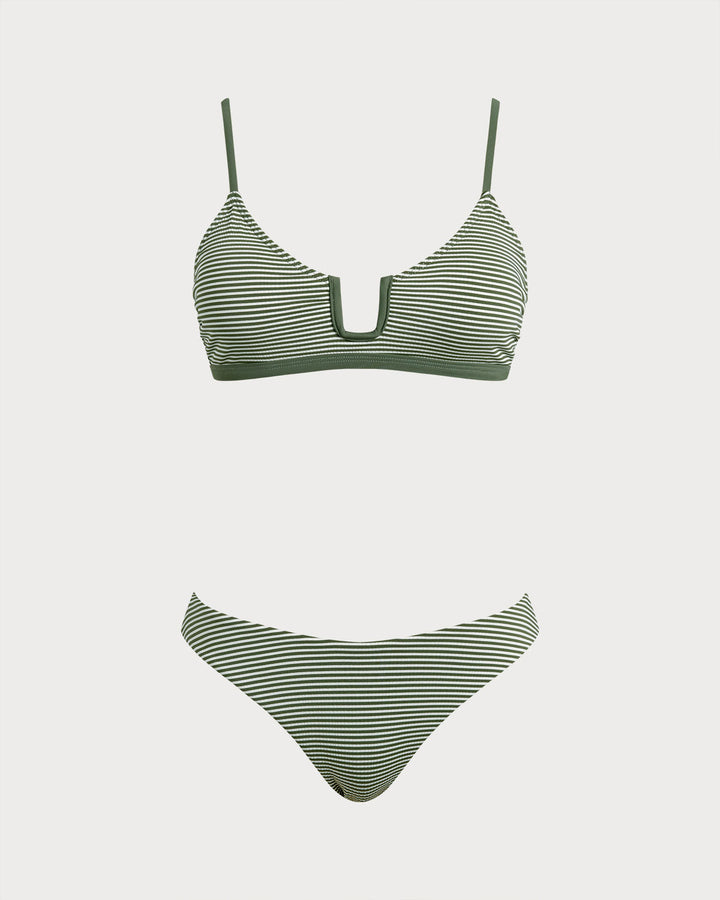 Ensemble de Bikini Bralette Rayé Vert Armée