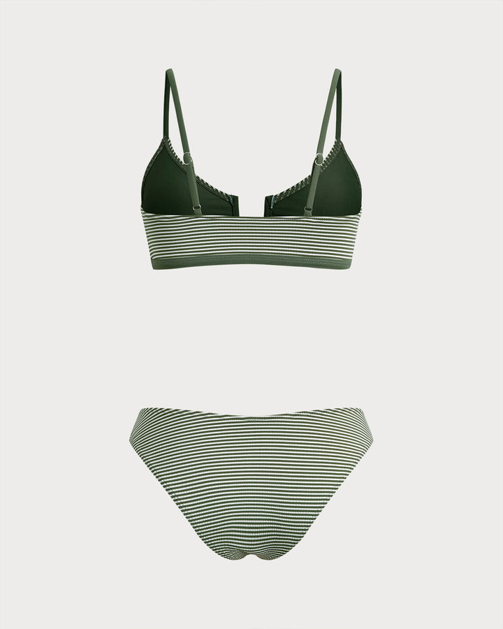 Ensemble de Bikini Bralette Rayé Vert Armée
