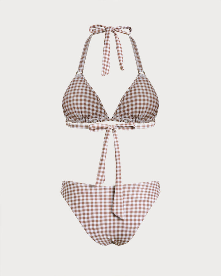 Ensembles de Bikini à Dos Nu à Carreaux Café