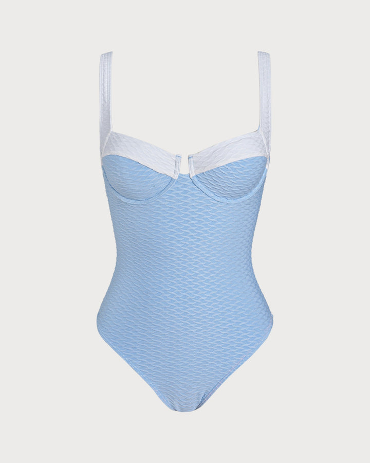 Maillot de bain une pièce à armatures contrastantes texturé bleu