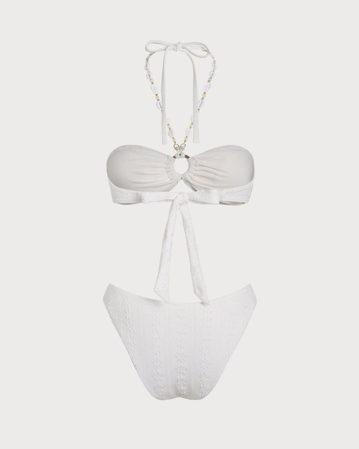 Ensemble de Bikini Bandeau Jacquard Blanc