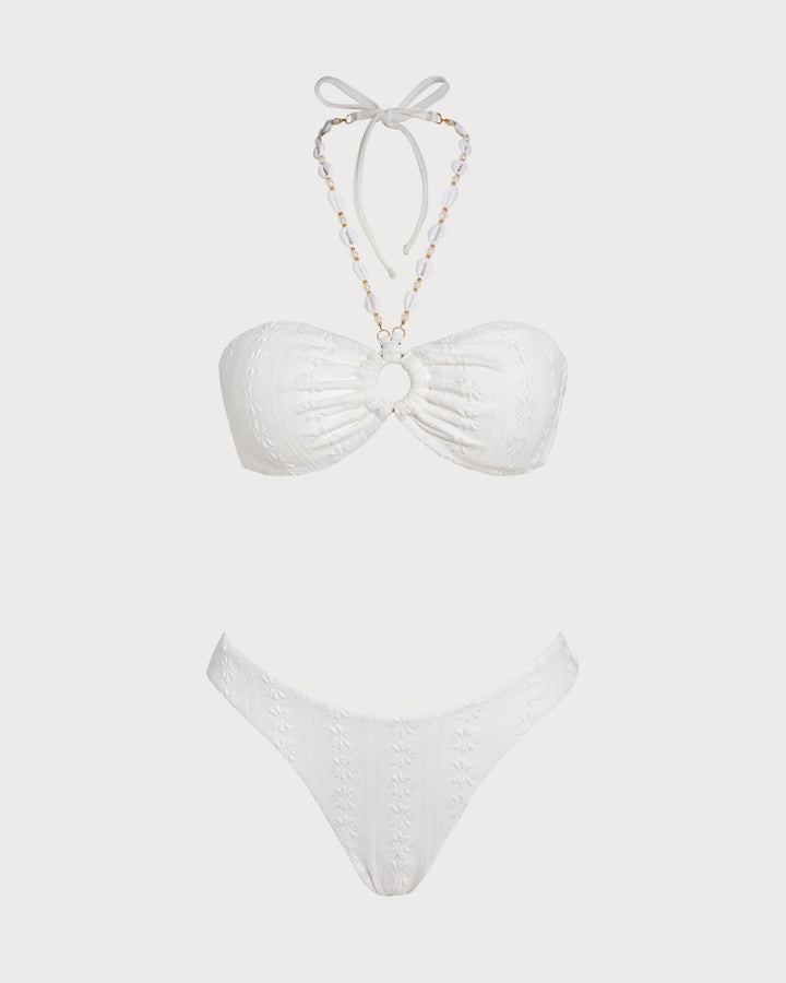 Ensemble de Bikini Bandeau Jacquard Blanc