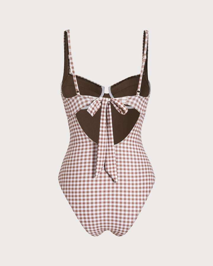 Maillot de bain une pièce à armatures à carreaux café