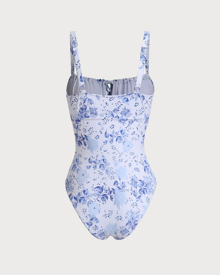 Maillot de Bain Une Pièce Floral Blanc Froncé