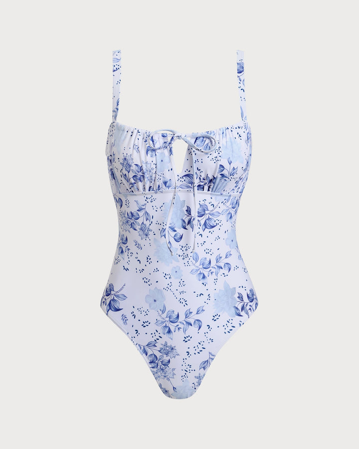 Maillot de Bain Une Pièce Floral Blanc Froncé