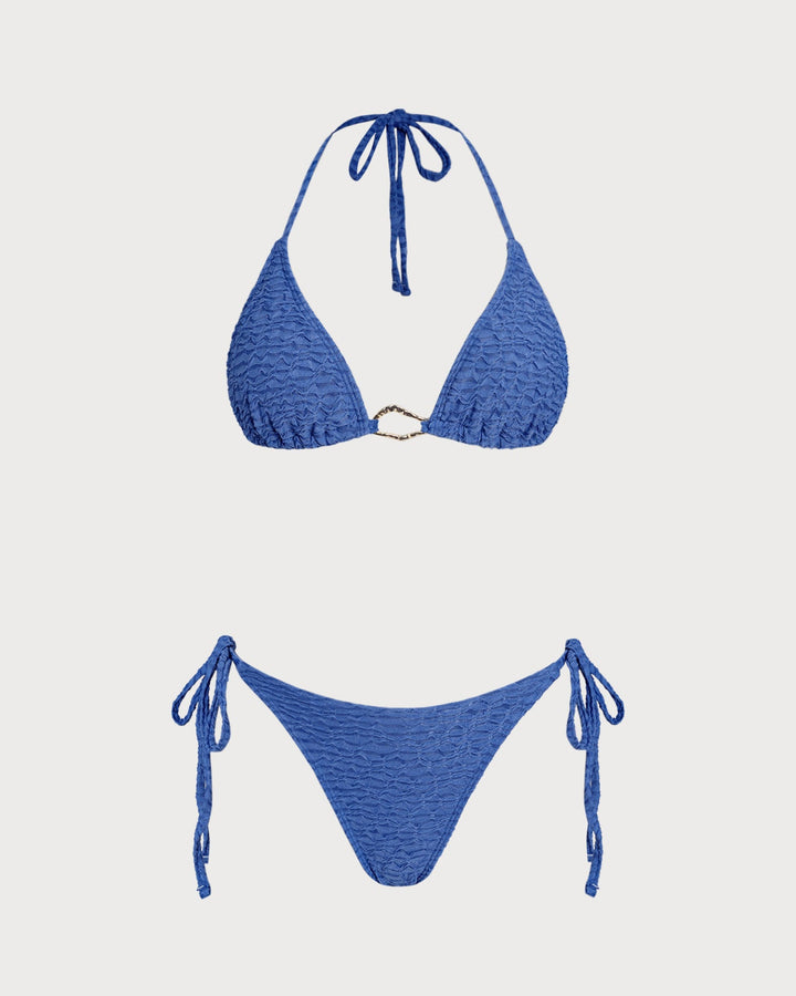 Ensemble de Bikini Triangle à Col Halter Bleu