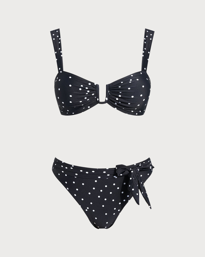 Ensemble de Bikini Bandeau à Pois Noirs