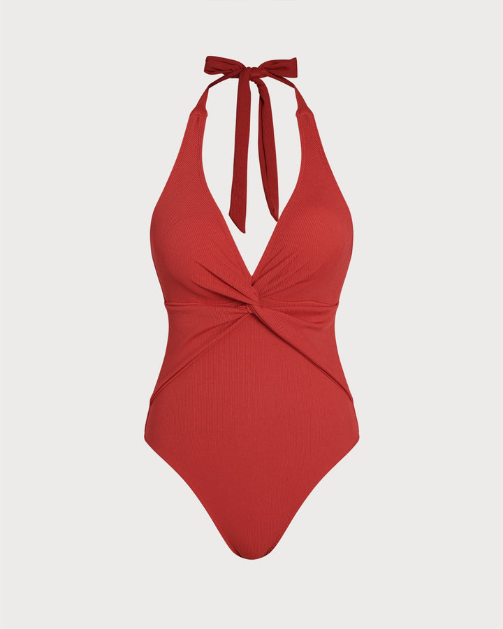 Maillot de bain une pièce triangle rouge à col halter